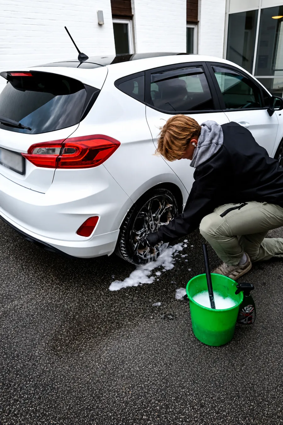 Felgen på en hvit Ford Fiesta vaskes for hånd med skum, egen felgbørste og bøtte